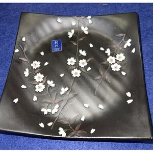 Stoneware Plate Sushi Japan Sakura Cherry Blossom Stoneware Small Black